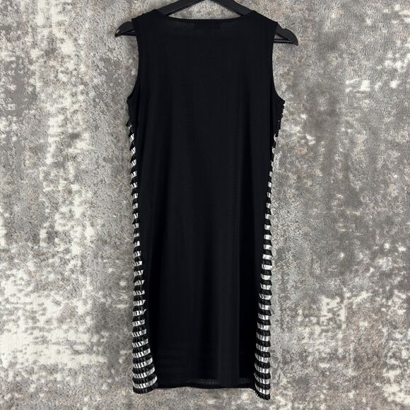 Heaven Sz 8 Beaded Sleeveless Stripes Sheath Knee Length Dress Black Silver Mesh - Picture 4 of 11